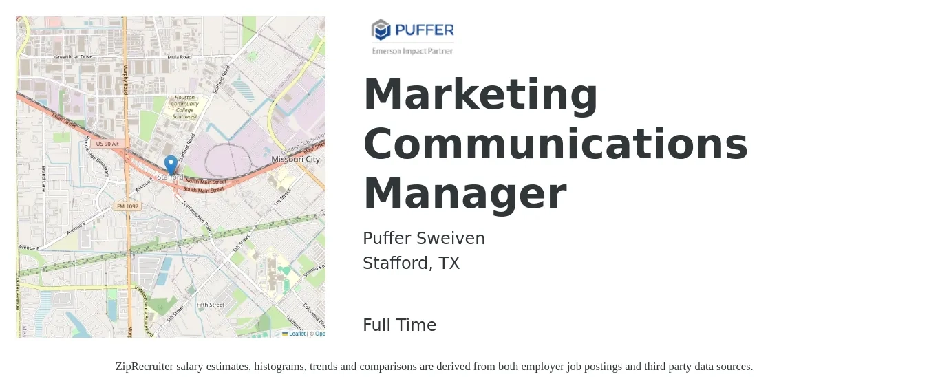 Puffer-Sweiven job posting for a Marketing Communications Manager in Stafford, TX with a salary of $51,800 to $76,200 Yearly with a map of Stafford location.