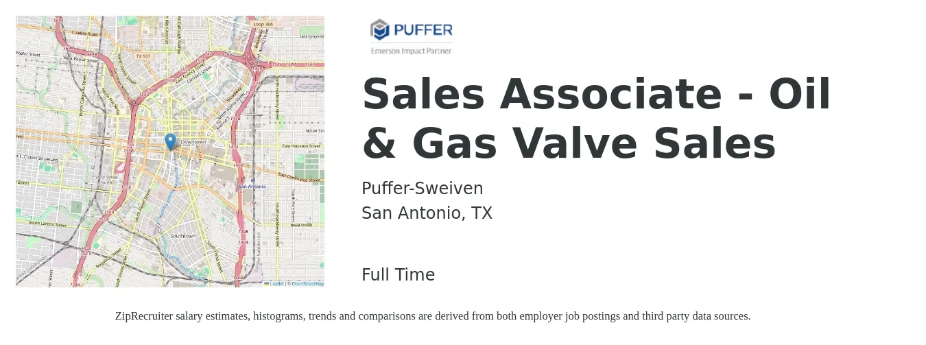 Puffer-Sweiven job posting for a Sales Associate - Oil & Gas Valve Sales in San Antonio, TX with a salary of $12 to $17 Hourly with a map of San Antonio location.