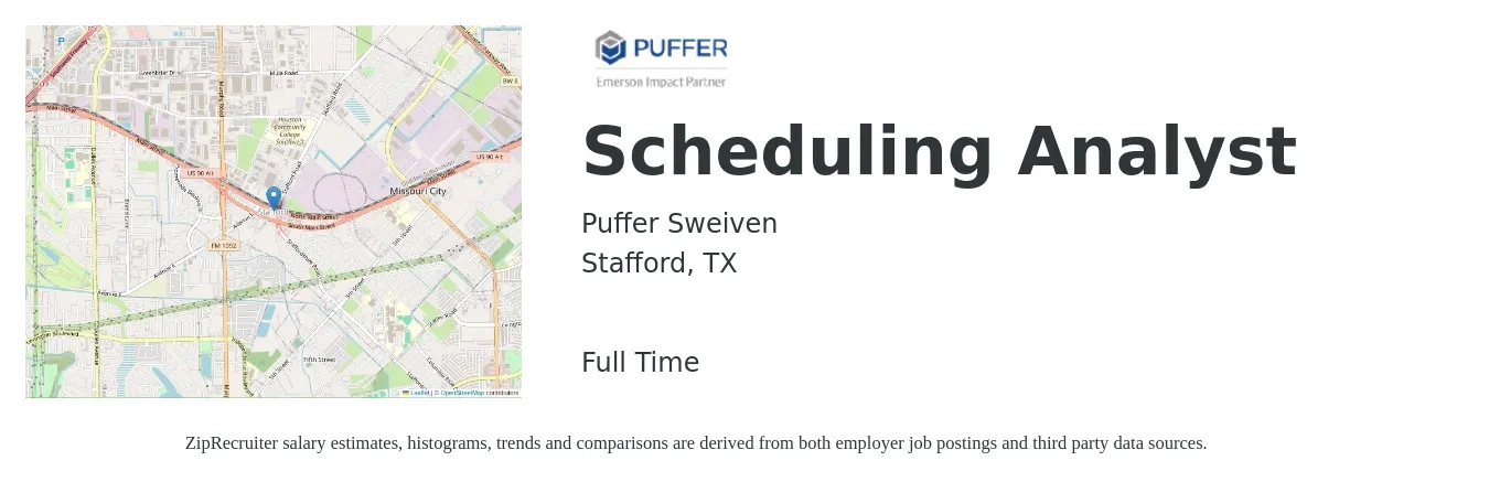 Puffer-Sweiven job posting for a Scheduling Analyst in Stafford, TX with a salary of $46,100 to $90,500 Yearly with a map of Stafford location.