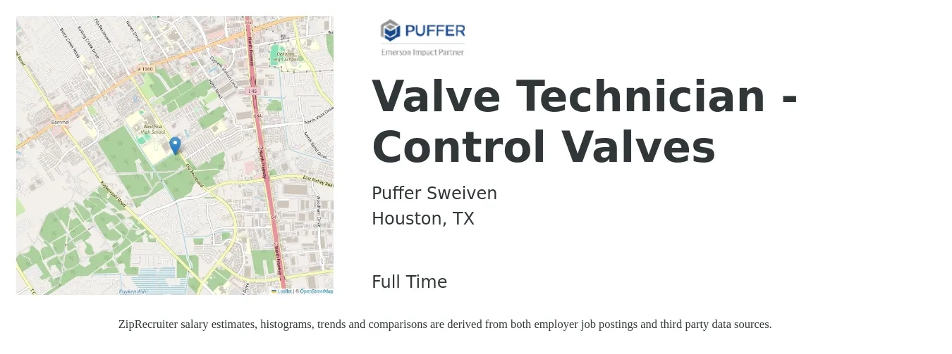 Puffer-Sweiven job posting for a Valve Technician - Control Valves in Houston, TX with a salary of $21 to $24 Hourly with a map of Houston location.