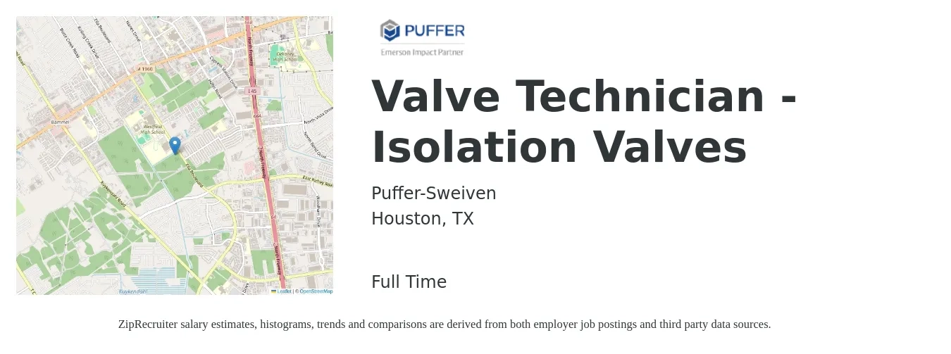 Puffer-Sweiven job posting for a Valve Technician - Isolation Valves in Houston, TX with a salary of $17 to $24 Hourly with a map of Houston location.