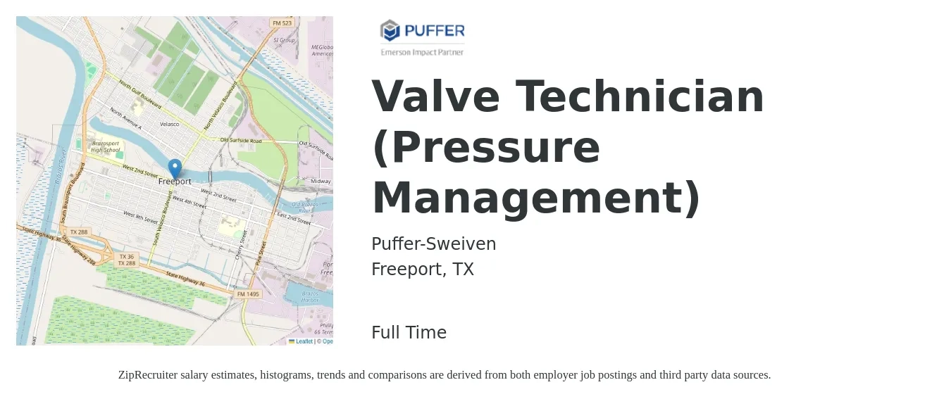 Puffer-Sweiven job posting for a Valve Technician (Pressure Management) in Freeport, TX with a salary of $18 to $26 Hourly with a map of Freeport location.
