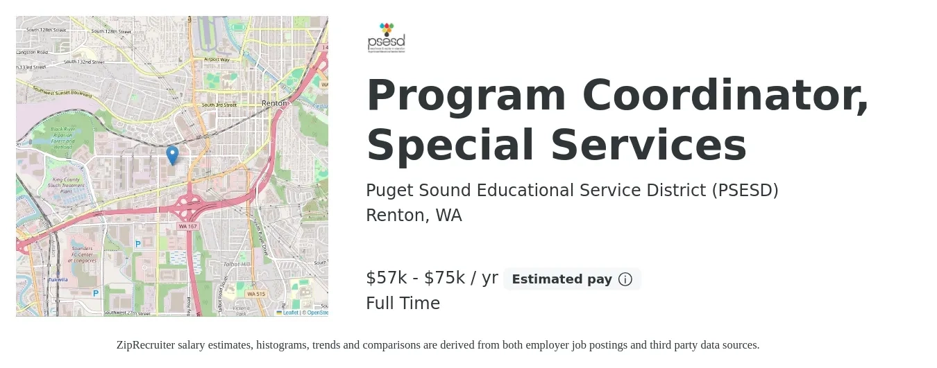 Puget Sound Educational Service District (PSESD) job posting for a Program Coordinator, Special Services in Renton, WA with a salary of $47,200 to $69,700 Yearly with a map of Renton location.