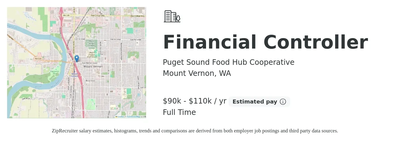 Puget Sound Food Hub Cooperative job posting for a Financial Controller in Mount Vernon, WA with a salary of $90,000 to $110,000 Yearly with a map of Mount Vernon location.