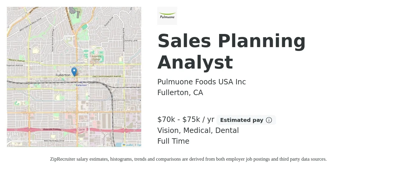 Pulmuone Foods USA Inc. job posting for a Sales Planning Analyst in Fullerton, CA with a salary of $76,200 to $96,000 Yearly with a map of Fullerton location.