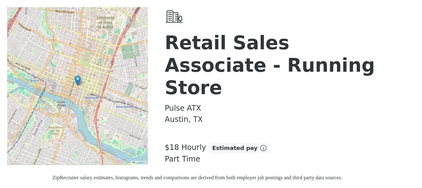 Pulse ATX job posting for a Retail Sales Associate - Running Store in Austin, TX with a salary of $19 Hourly and benefits including pto with a map of Austin location.