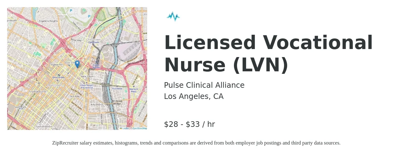 Pulse Clinical Alliance job posting for a Licensed Vocational Nurse (LVN) in Los Angeles, CA with a salary of $30 to $35 Hourly with a map of Los Angeles location.
