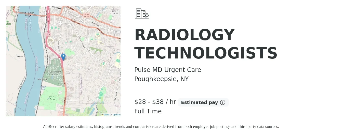 Pulse MD Urgent Care job posting for a RADIOLOGY TECHNOLOGISTS in Poughkeepsie, NY with a salary of $30 to $40 Hourly with a map of Poughkeepsie location.