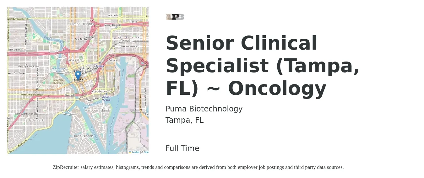 Puma Biotechnology job posting for a Senior Clinical Specialist (Tampa, FL) ~ Oncology in Tampa, FL with a salary of $160,000 to $190,000 Yearly and benefits including dental, life_insurance, medical, pto, retirement, and vision with a map of Tampa location.