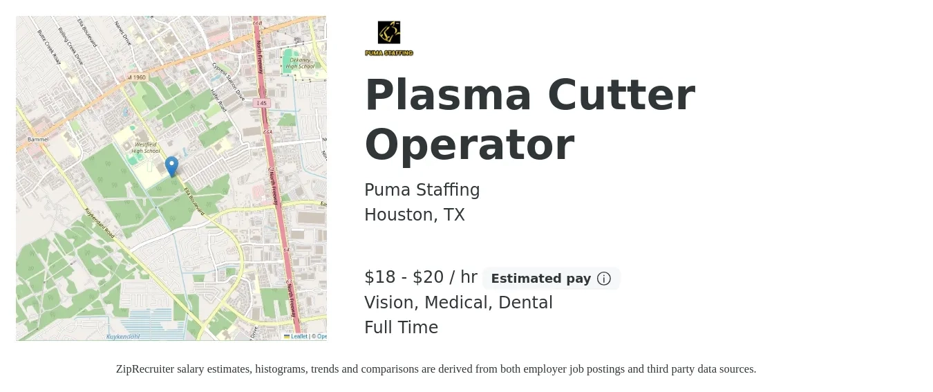 Puma Staffing job posting for a Plasma Cutter Operator in Houston, TX with a salary of $19 to $20 Hourly and benefits including vision, dental, and medical with a map of Houston location.