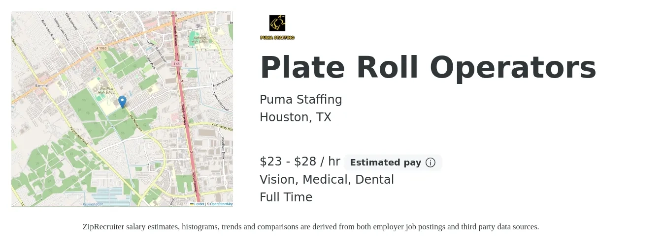 Puma Staffing job posting for a Plate Roll Operators in Houston, TX with a salary of $24 to $30 Hourly and benefits including dental, life_insurance, medical, and vision with a map of Houston location.