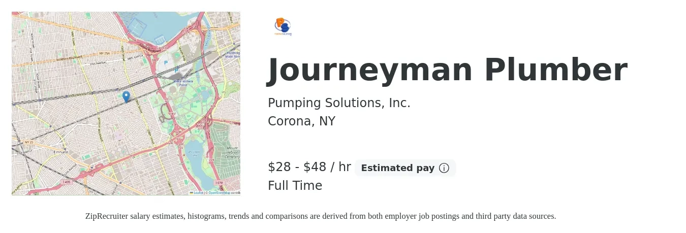 Pumping Solutions, Inc. job posting for a Journeyman Plumber in Corona, NY with a salary of $30 to $50 Hourly with a map of Corona location.