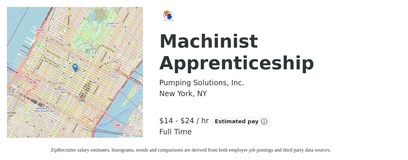 Pumping Solutions, Inc. job posting for a Machinist Apprenticeship in New York, NY with a salary of $15 to $25 Hourly with a map of New York location.