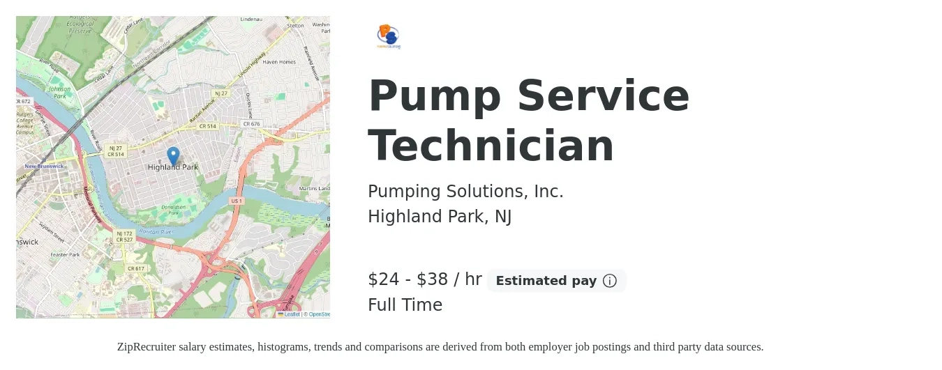 Pumping Solutions, Inc. job posting for a Pump Service Technician in Highland Park, NJ with a salary of $25 to $40 Hourly with a map of Highland Park location.