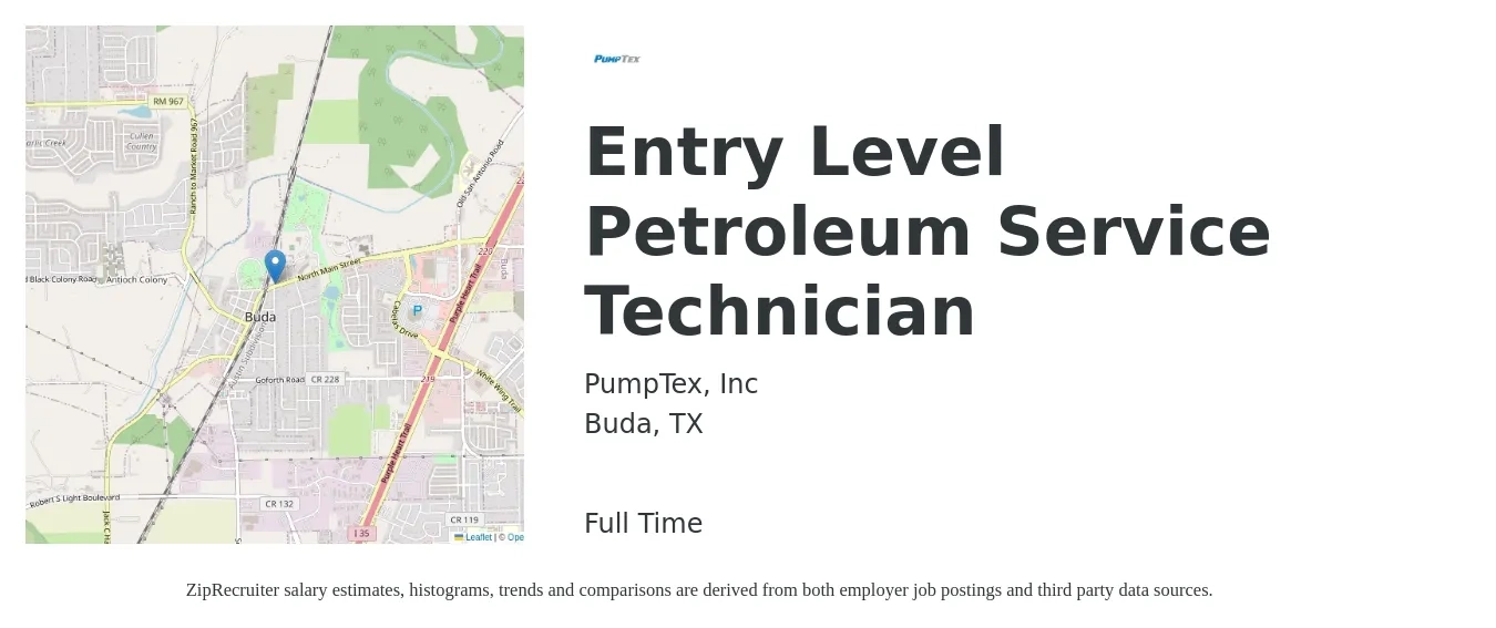 PumpTex, Inc job posting for a Entry Level Petroleum Service Technician in Buda, TX with a salary of $22 to $25 Hourly with a map of Buda location.
