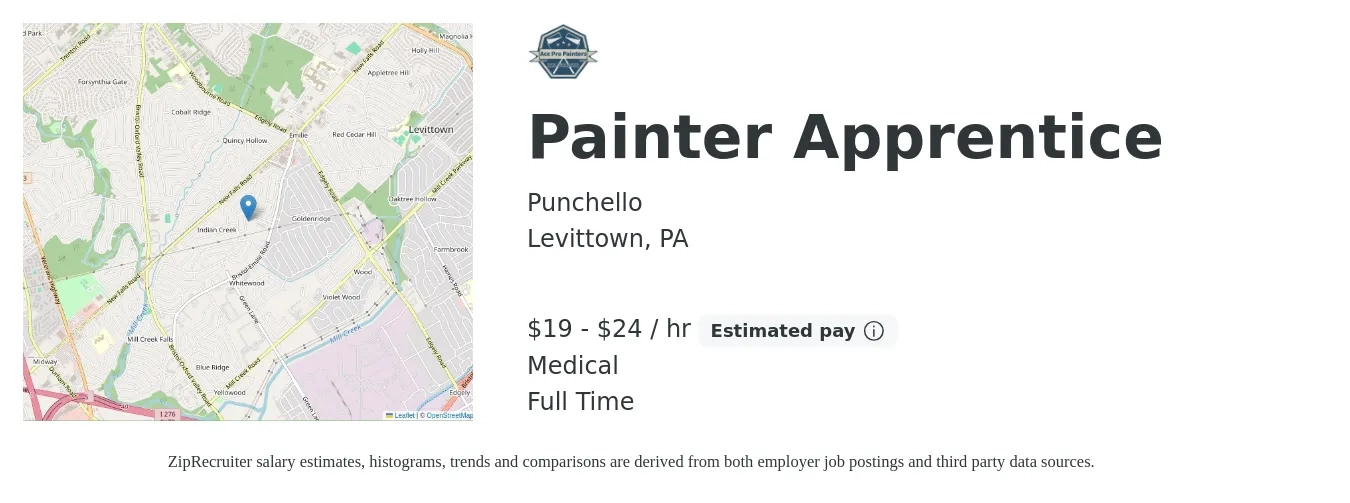 Punchello job posting for a Painter Apprentice in Levittown, PA with a salary of $20 to $25 Hourly and benefits including medical, and pto with a map of Levittown location.