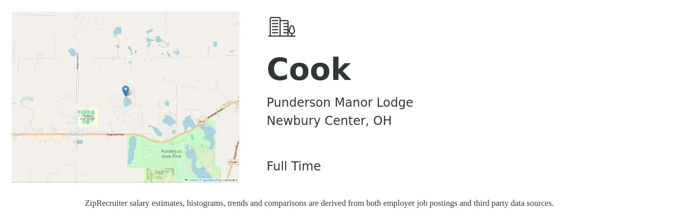 Punderson Manor Lodge job posting for a Cook in Newbury Center, OH with a salary of $13 to $17 Hourly with a map of Newbury Center location.