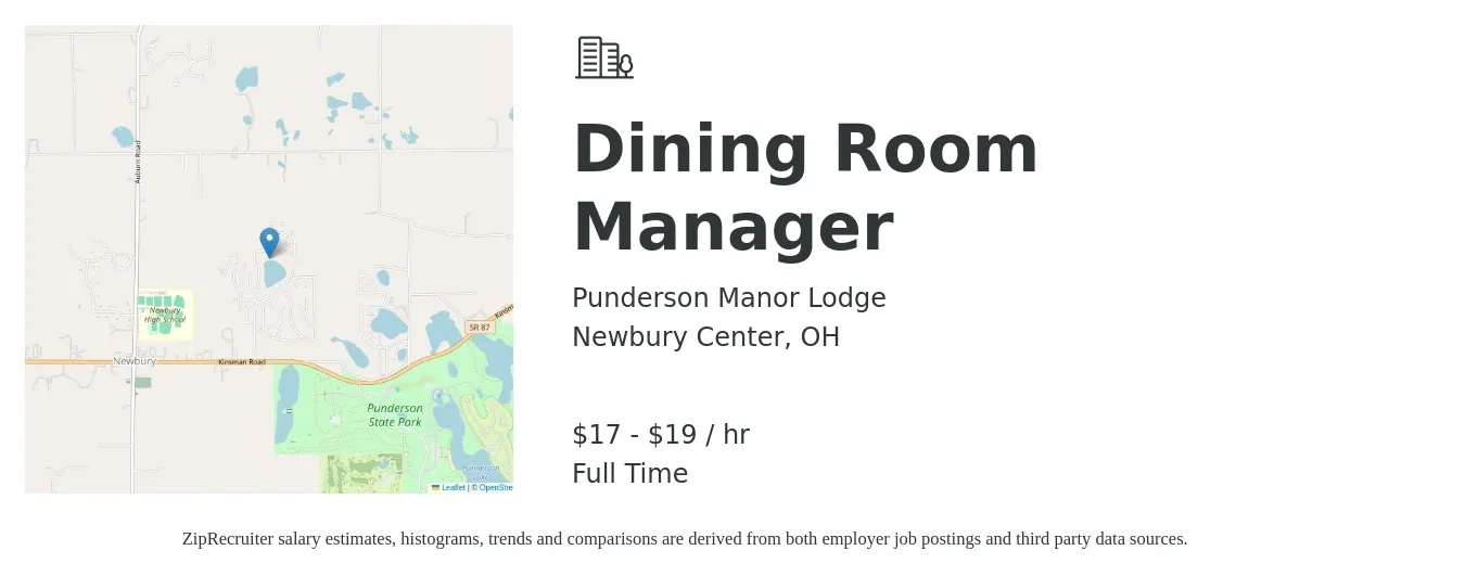 Punderson Manor Lodge job posting for a Dining Room Manager in Newbury Center, OH with a salary of $18 to $20 Hourly with a map of Newbury Center location.