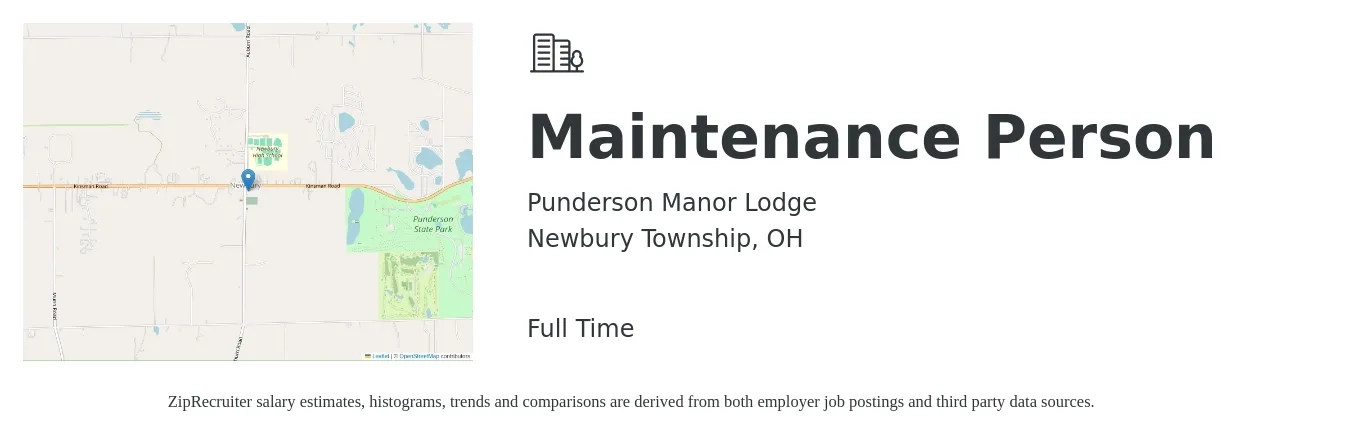 Punderson Manor Lodge job posting for a Maintenance Person in Newbury Township, OH with a salary of $16 to $22 Hourly with a map of Newbury Township location.