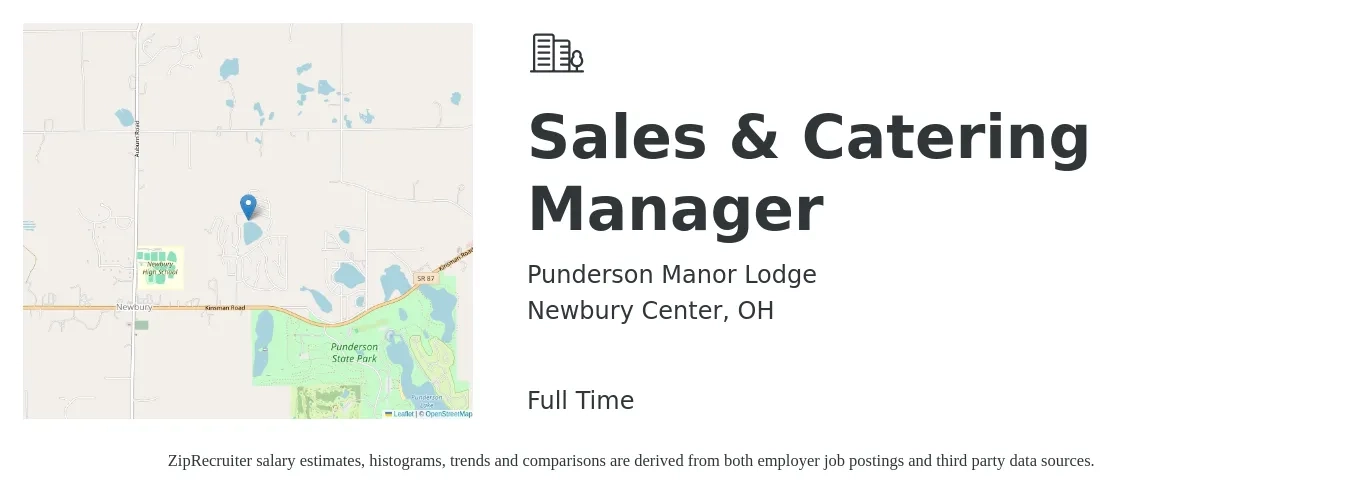 Punderson Manor Lodge job posting for a Sales & Catering Manager in Newbury Center, OH with a salary of $47,300 to $61,000 Yearly with a map of Newbury Center location.