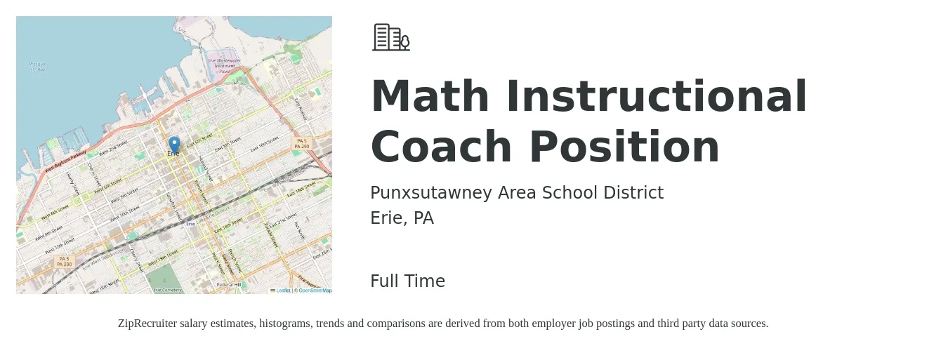 Punxsutawney Area School District job posting for a Math Instructional Coach Position in Erie, PA with a salary of $46,000 to $64,400 Yearly with a map of Erie location.