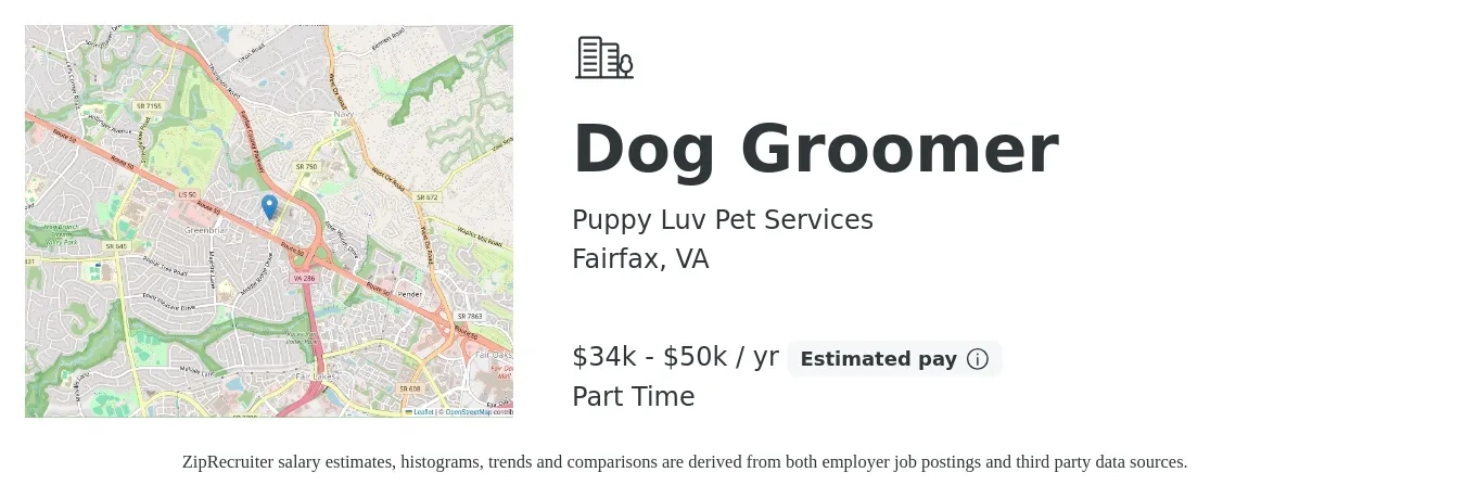 Puppy Luv Pet Services job posting for a Dog Groomer in Fairfax, VA with a salary of $34,350 to $50,000 Yearly with a map of Fairfax location.