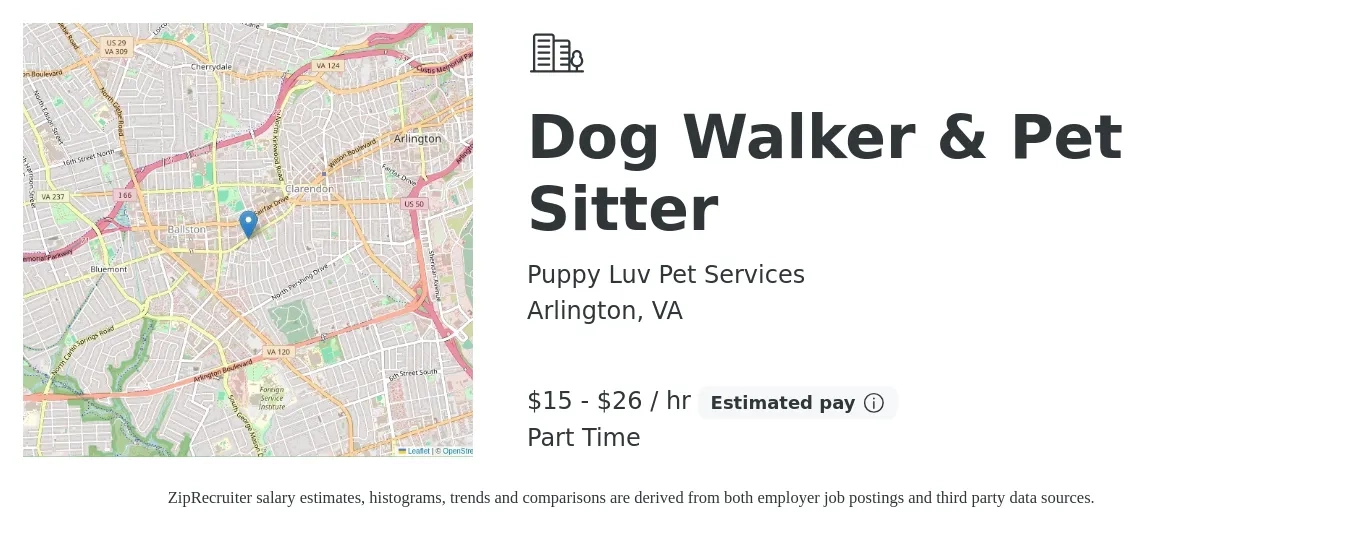 Puppy Luv Pet Services job posting for a Dog Walker & Pet Sitter in Arlington, VA with a salary of $16 to $28 Hourly with a map of Arlington location.