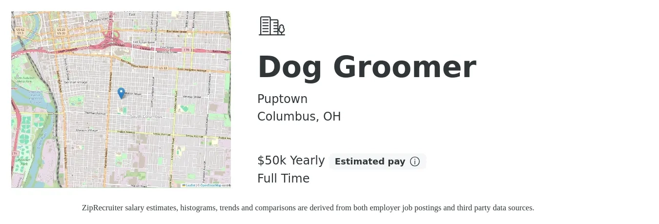Puptown job posting for a Dog Groomer in Columbus, OH with a salary of $50,000 Yearly with a map of Columbus location.