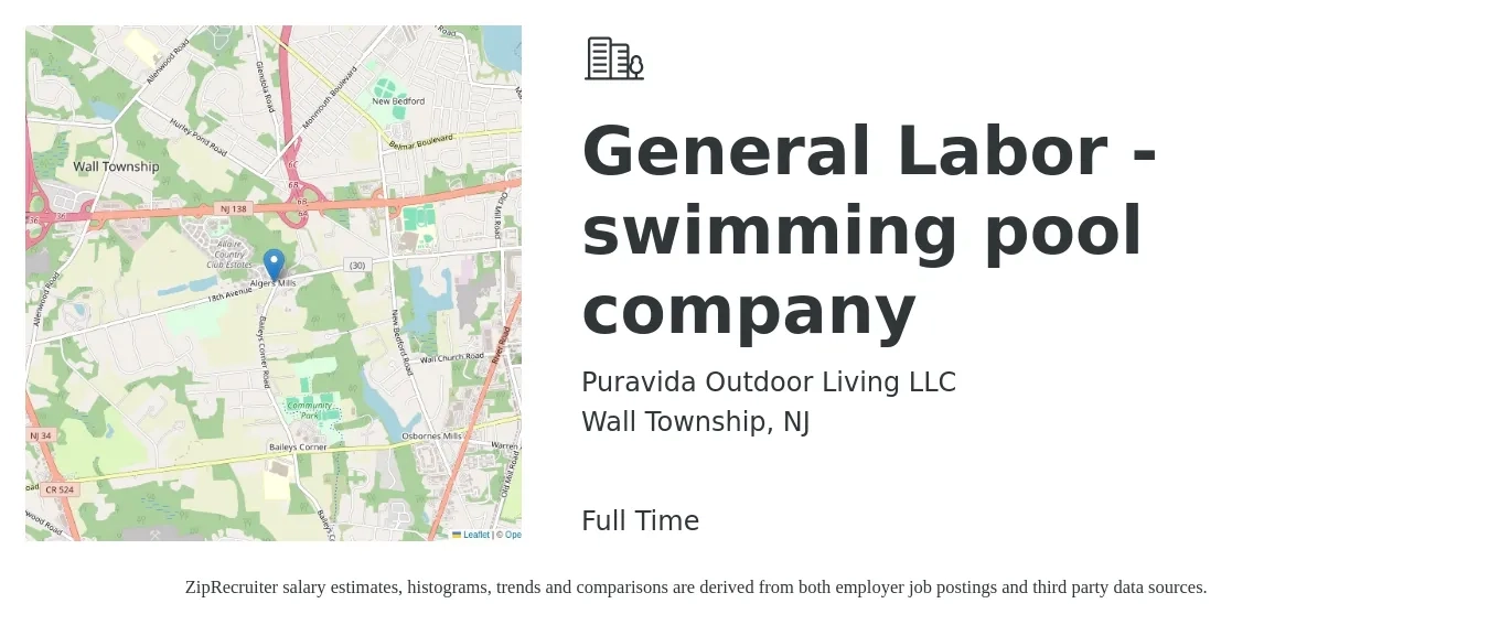 Puravida Outdoor Living LLC job posting for a General Labor - swimming pool company in Wall Township, NJ with a salary of $16 to $21 Hourly with a map of Wall Township location.