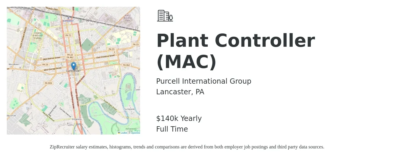 Purcell International Group job posting for a Plant Controller (MAC) in Lancaster, PA with a salary of $140,000 Yearly with a map of Lancaster location.
