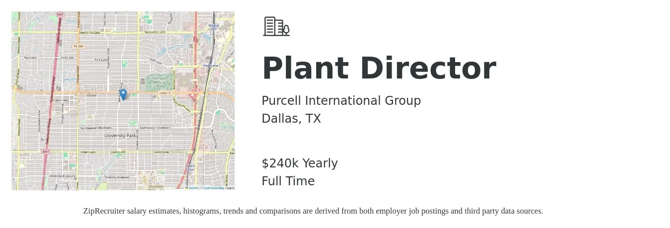 Purcell International Group job posting for a Plant Director in Dallas, TX with a salary of $240,000 Yearly with a map of Dallas location.