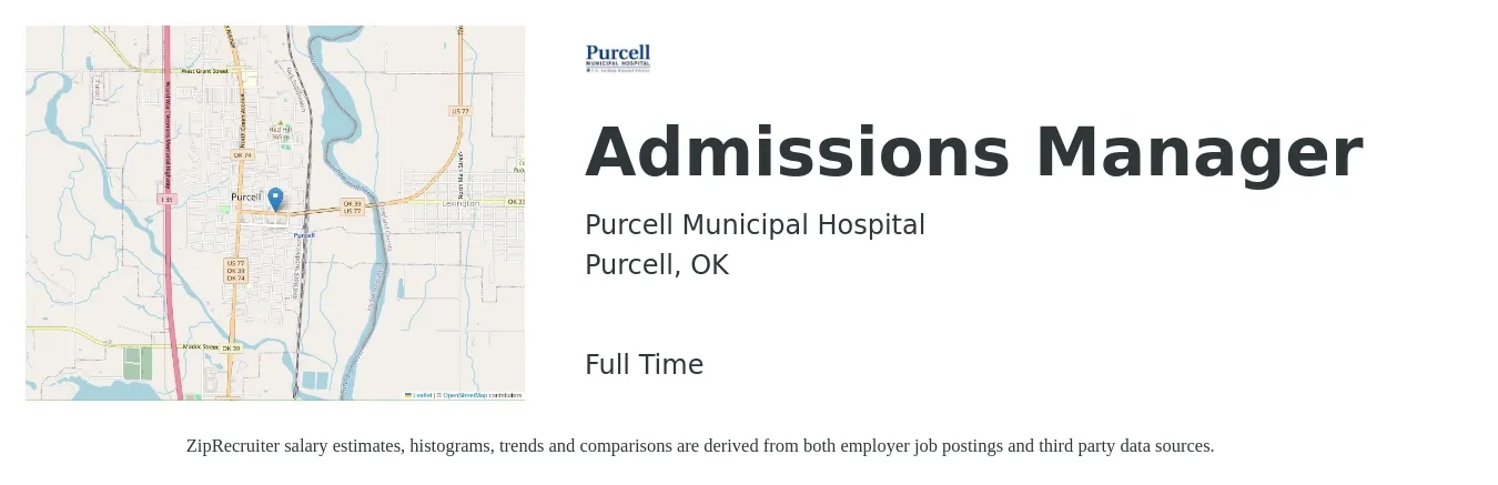 Purcell Municipal Hospital job posting for a Admissions Manager in Purcell, OK with a salary of $37,900 to $56,800 Yearly with a map of Purcell location.