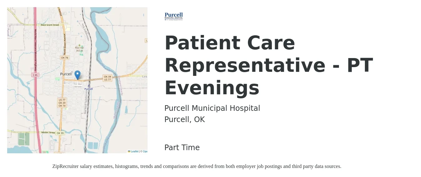 Purcell Municipal Hospital job posting for a Patient Care Representative - PT Evenings in Purcell, OK with a salary of $14 to $18 Hourly with a map of Purcell location.