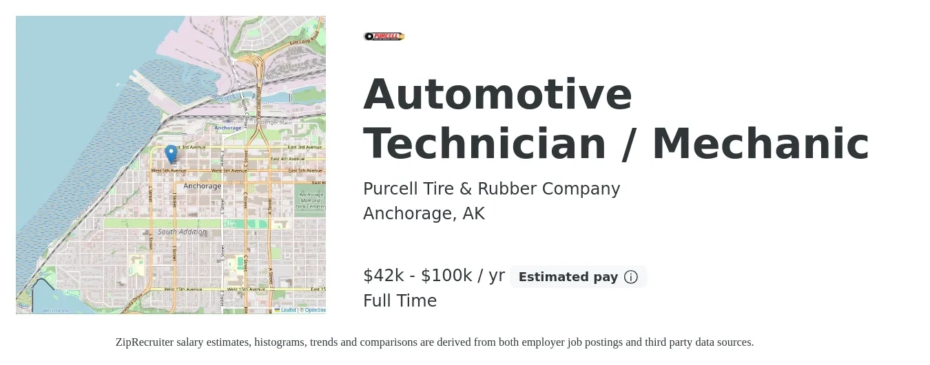 Purcell Tire & Rubber Company job posting for a Automotive Technician / Mechanic in Anchorage, AK with a salary of $42,000 to $100,000 Yearly with a map of Anchorage location.