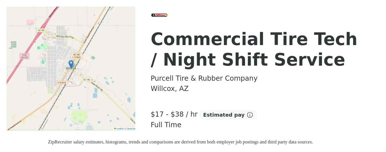 Purcell Tire & Rubber Company job posting for a Commercial Tire Tech / Night Shift Service in Willcox, AZ with a salary of $18 to $40 Hourly with a map of Willcox location.