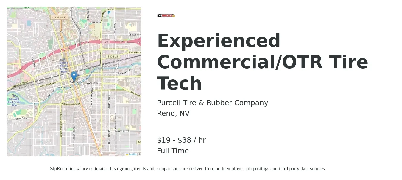 Purcell Tire & Rubber Company job posting for a Experienced Commercial/OTR Tire Tech in Reno, NV with a salary of $20 to $40 Hourly with a map of Reno location.