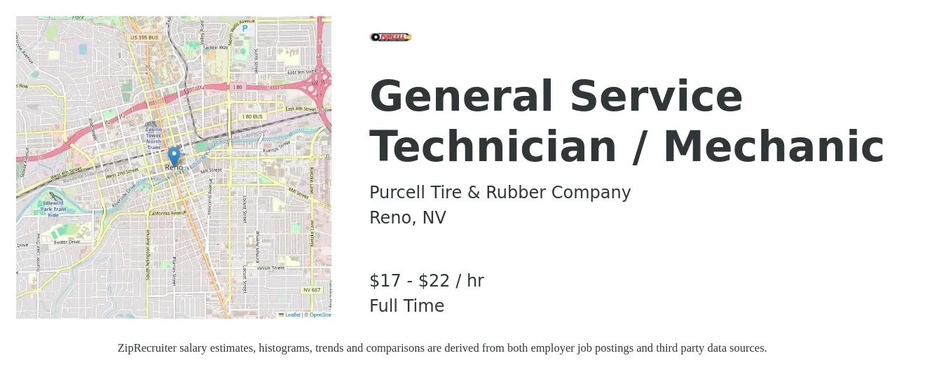 Purcell Tire & Rubber Company job posting for a General Service Technician / Mechanic in Reno, NV with a salary of $18 to $23 Hourly with a map of Reno location.