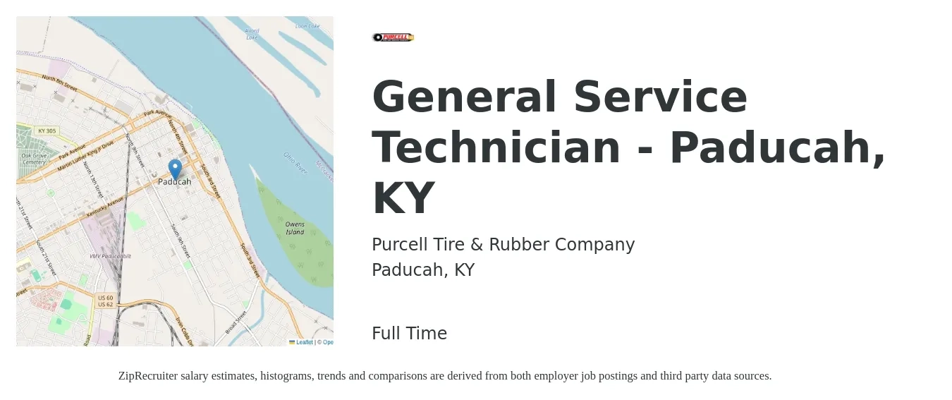 Purcell Tire & Rubber Company job posting for a General Service Technician - Paducah, KY in Paducah, KY with a salary of $15 to $24 Hourly with a map of Paducah location.