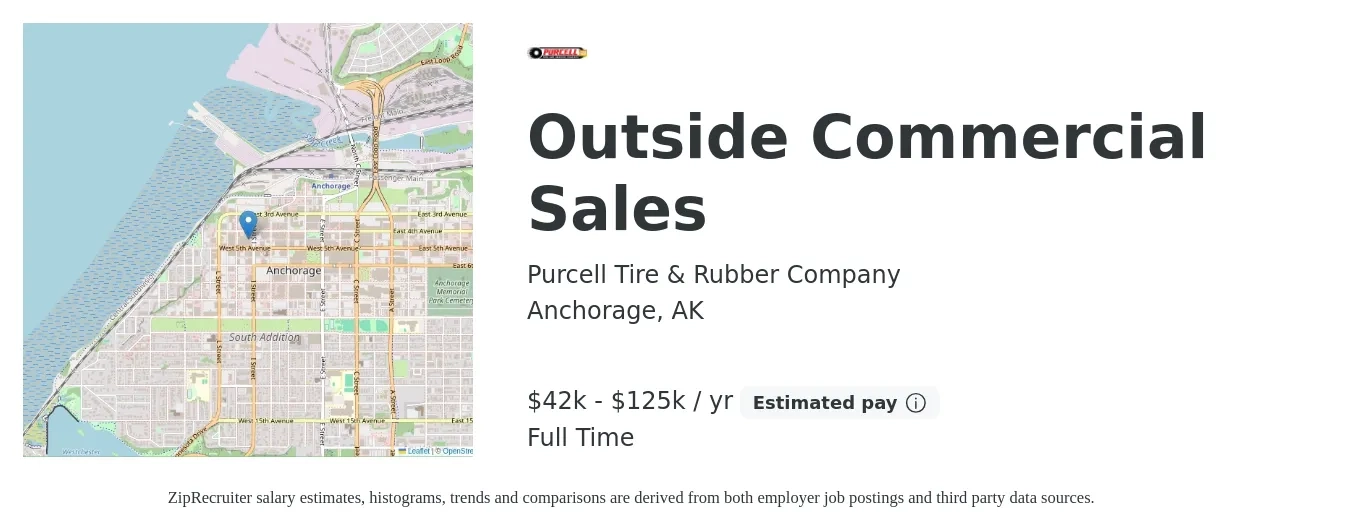 Purcell Tire & Rubber Company job posting for a Outside Commercial Sales in Anchorage, AK with a salary of $42,000 to $125,000 Yearly with a map of Anchorage location.