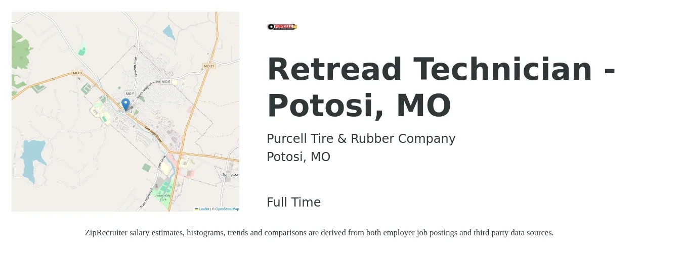 Purcell Tire & Rubber Company job posting for a Retread Technician - Potosi, MO in Potosi, MO with a salary of $16 to $20 Hourly with a map of Potosi location.