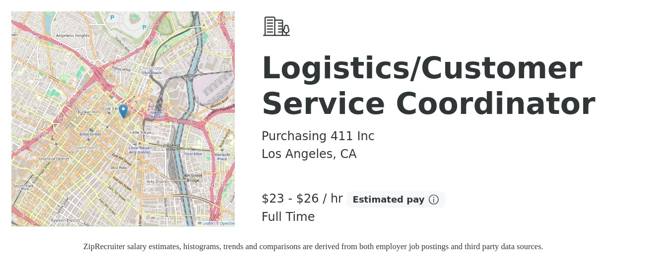 Purchasing 411 Inc job posting for a Logistics/Customer Service Coordinator in Los Angeles, CA with a salary of $24 to $28 Hourly with a map of Los Angeles location.