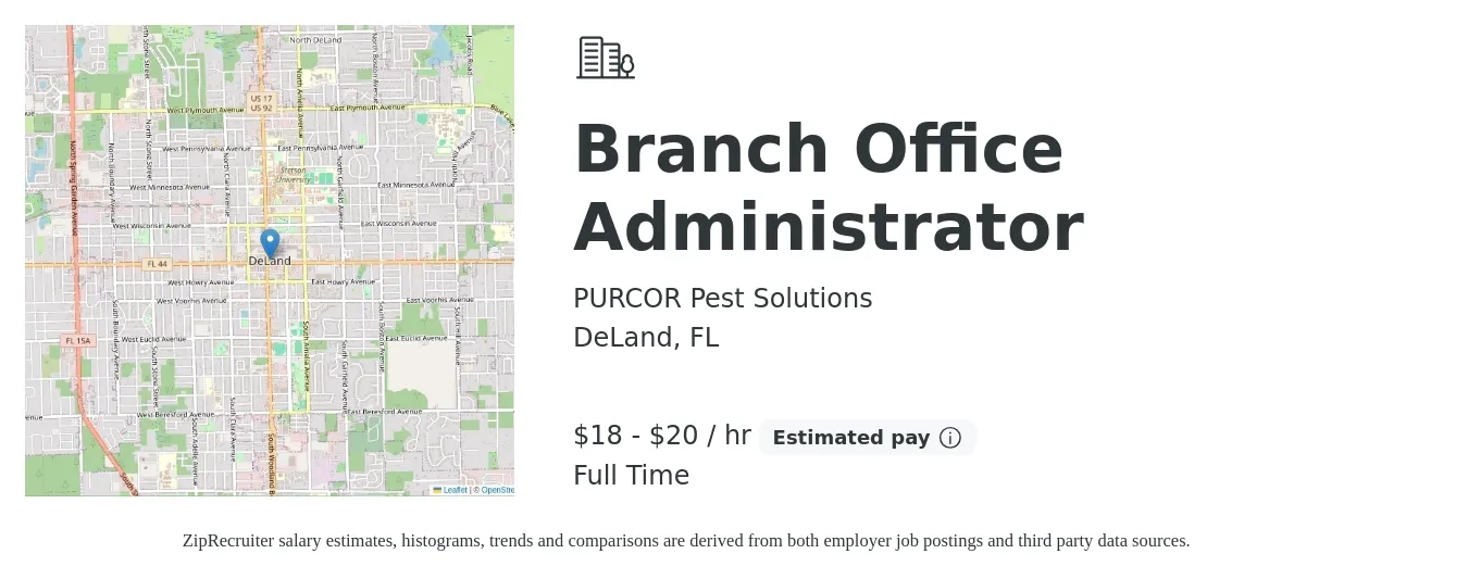 PURCOR Pest Solutions job posting for a Branch Office Administrator in DeLand, FL with a salary of $19 to $21 Hourly with a map of DeLand location.
