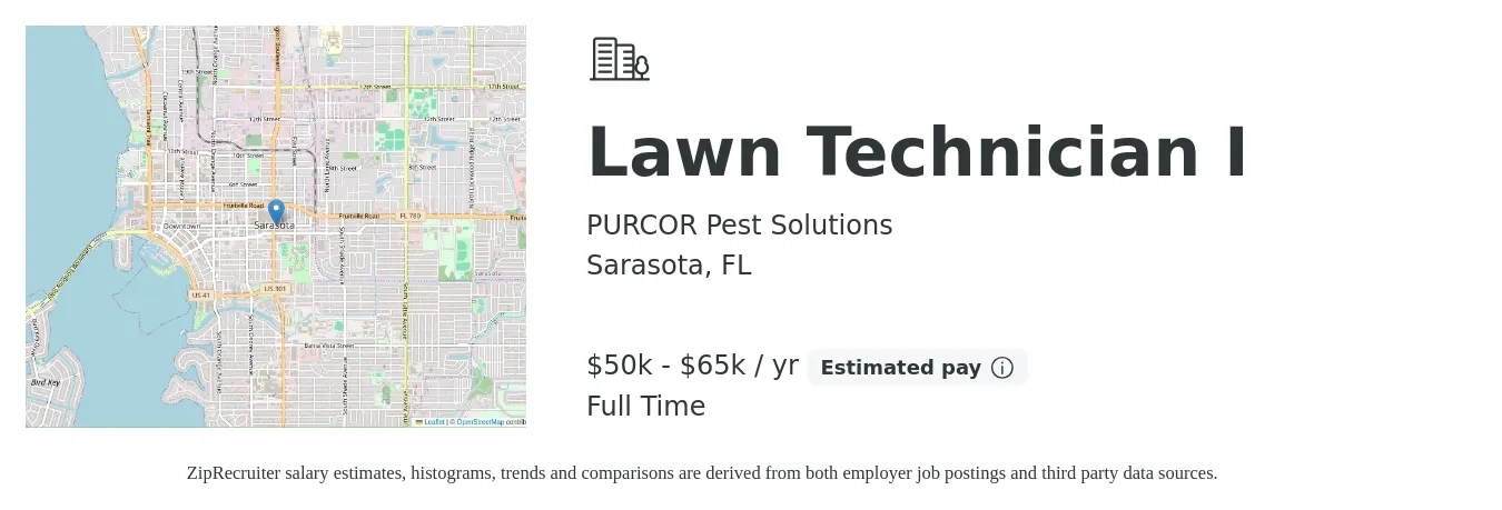 PURCOR Pest Solutions job posting for a Lawn Technician I in Sarasota, FL with a salary of $50,000 to $65,000 Yearly with a map of Sarasota location.