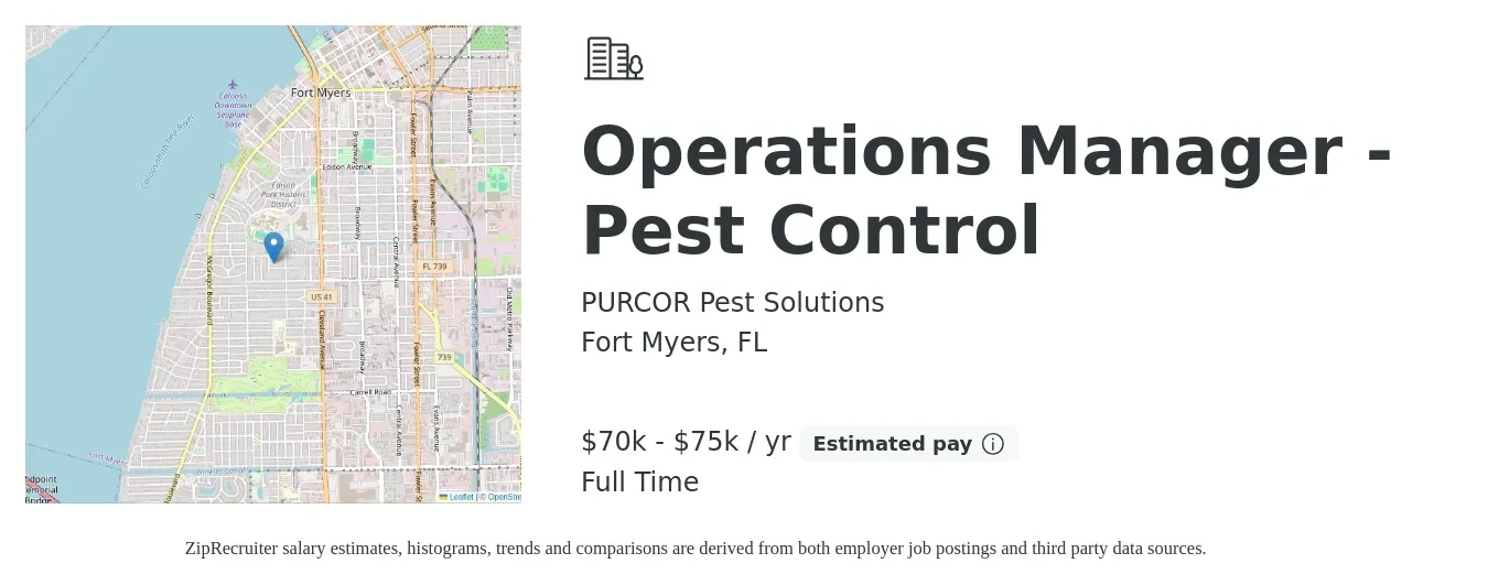 PURCOR Pest Solutions job posting for a Operations Manager - Pest Control in Fort Myers, FL with a salary of $70,000 to $75,000 Yearly with a map of Fort Myers location.
