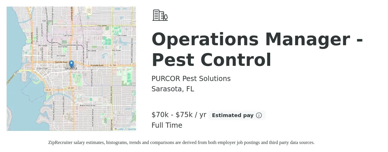 PURCOR Pest Solutions job posting for a Operations Manager - Pest Control in Sarasota, FL with a salary of $70,000 to $75,000 Yearly with a map of Sarasota location.