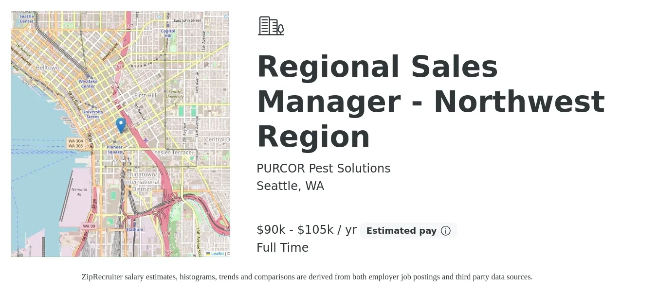 PURCOR Pest Solutions job posting for a Regional Sales Manager - Northwest Region in Seattle, WA with a salary of $90,000 to $105,000 Yearly with a map of Seattle location.