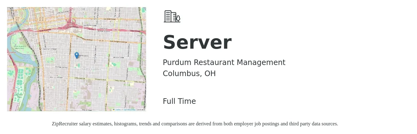 Purdum Restaurant Management job posting for a Server in Columbus, OH with a salary of $10 to $18 Hourly with a map of Columbus location.