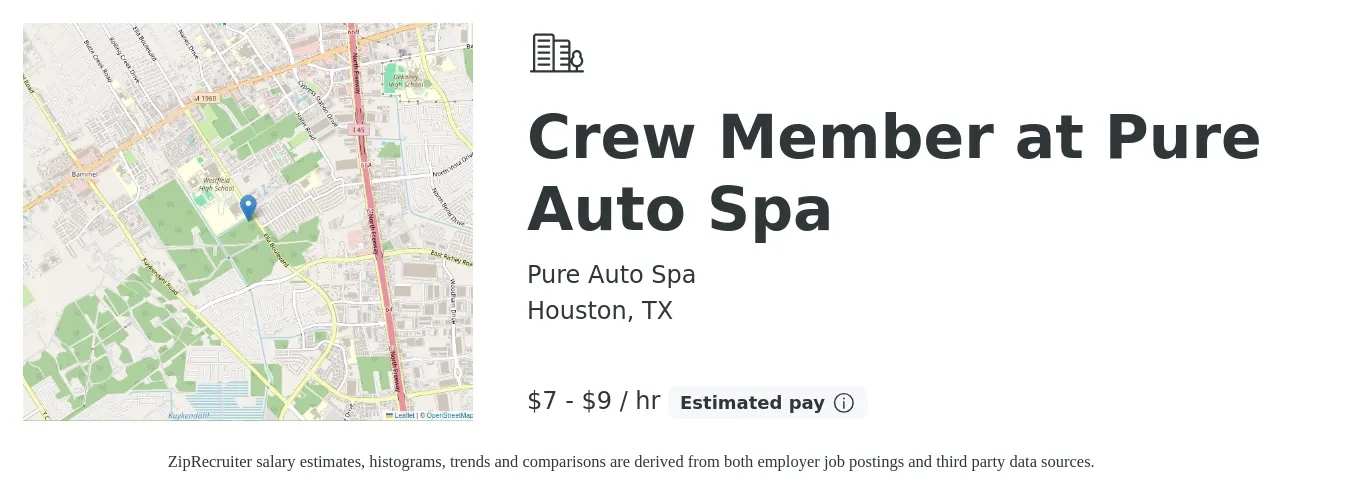 Pure Auto Spa job posting for a Crew Member at Pure Auto Spa in Houston, TX with a salary of $8 to $10 Hourly with a map of Houston location.