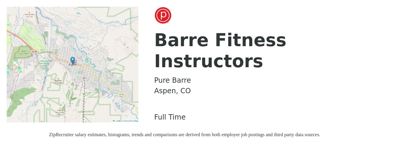Pure Barre job posting for a Barre Fitness Instructors in Aspen, CO with a salary of $22 to $36 Hourly with a map of Aspen location.