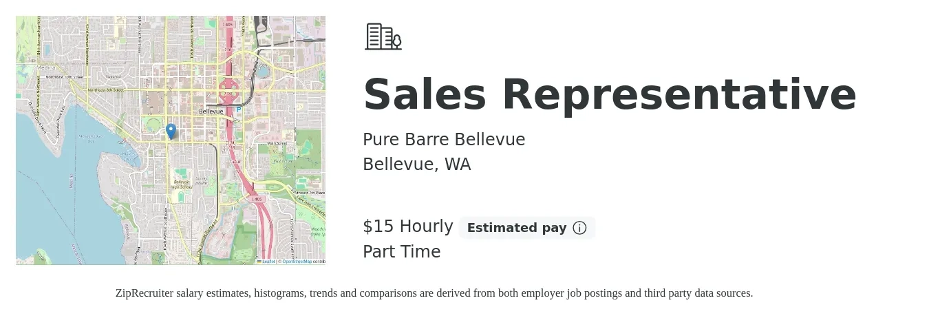 Pure Barre Bellevue job posting for a Sales Representative in Bellevue, WA with a salary of $16 Hourly with a map of Bellevue location.